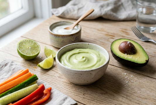 Avocado-Joghurt-Dip in einer Schale mit Avocado, Limette und Gemüsesticks