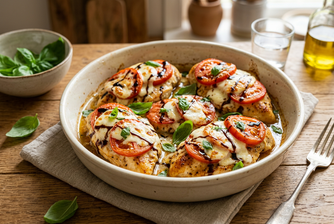 KI-generiertes Rezeptbild: Caprese-Hähnchen mit Tomaten, geschmolzenem Mozzarella und frischem Basilikum in einer Auflaufform