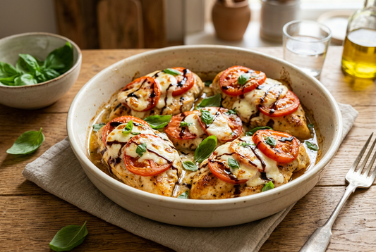 KI-generiertes Rezeptbild: Caprese-Hähnchen mit Tomaten, geschmolzenem Mozzarella und frischem Basilikum in einer Auflaufform