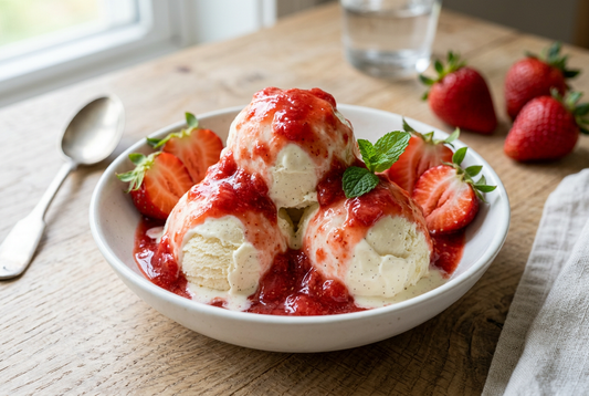 Vanilleeis mit frischer Erdbeersoße und Erdbeeren, KI-generierter Serviervorschlag