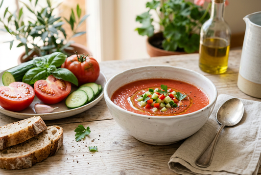 KI-generiertes Bild einer spanischen Gazpacho mit Gurken- und Paprikawürfeln sowie Olivenöl.