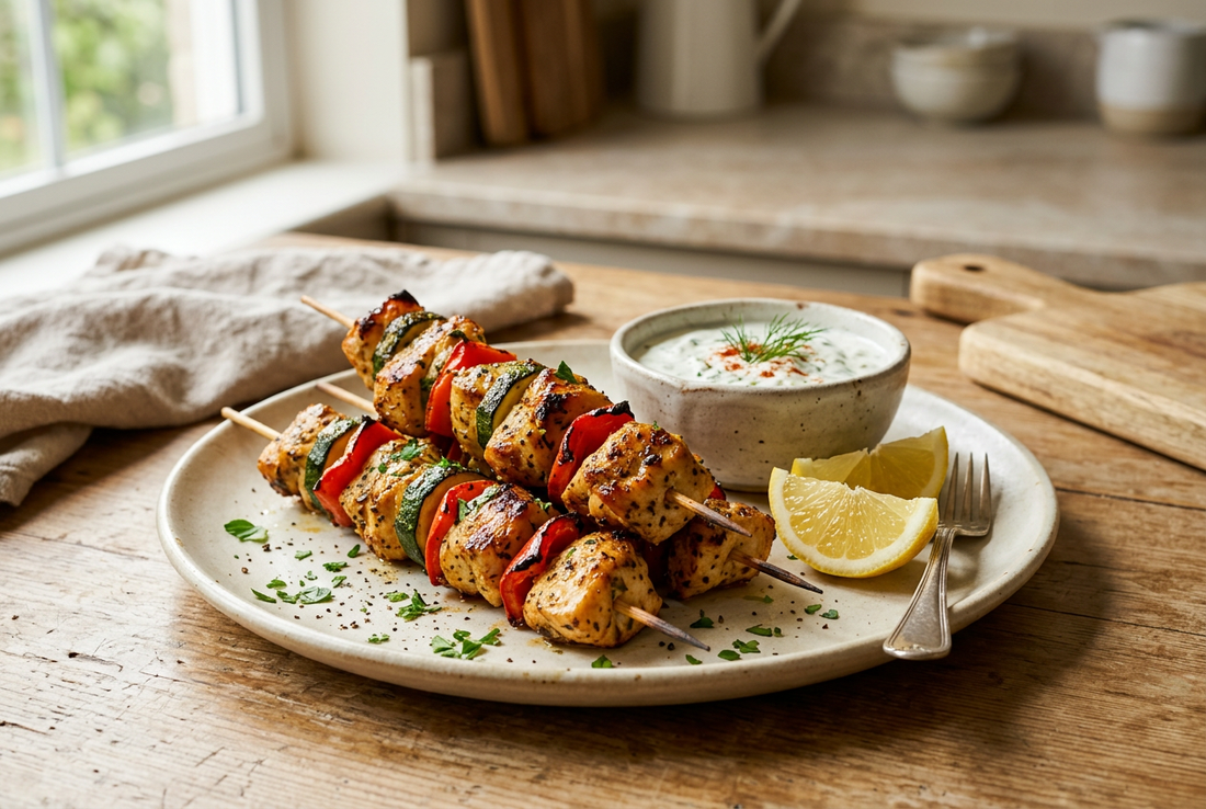 Saftige Hähnchenspieße im Airfryer mit Paprika und Zucchini aus unseren Reibeschalen