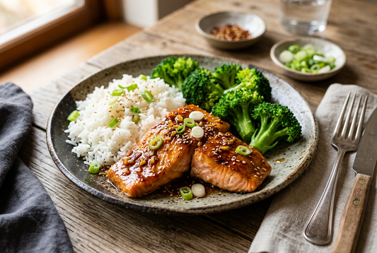Serviervorschlag für Ingwer-Knoblauch-Lachs mit Reis und Brokkoli, KI-generiert