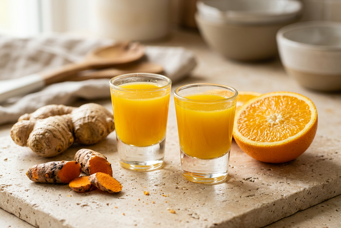 Zwei Gläser mit goldgelbem Ingwer-Kurkuma-Shot neben frischem Ingwer, Kurkuma und einer halben Orange.