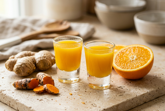 Zwei Gläser mit goldgelbem Ingwer-Kurkuma-Shot neben frischem Ingwer, Kurkuma und einer halben Orange.