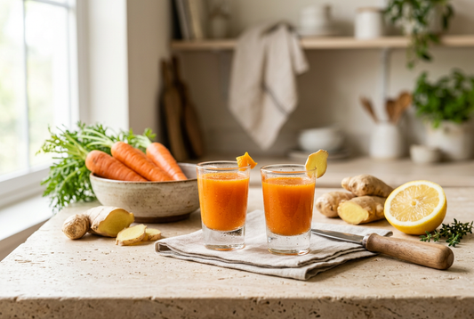 Zwei kleine Gläser mit orangefarbenem Karotten-Ingwer-Shot neben frischen Karotten, Ingwer und einer halben Zitrone.