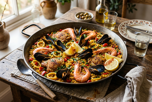 KI-generiertes Rezeptbild einer Paella mit Huhn, Garnelen, Muscheln, Tintenfisch und Zitronenspalten.