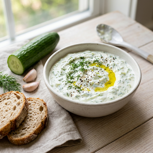 Tzatziki mit frisch geriebenem Knoblauch